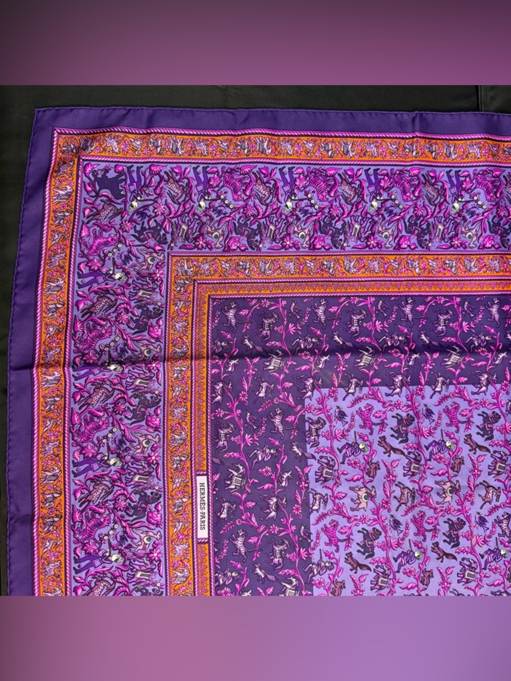 Hermes Silk Scarf Chasse En Inde Purple Orange India Hunter Tiger Elephant Horse - Picture 3 of 12
